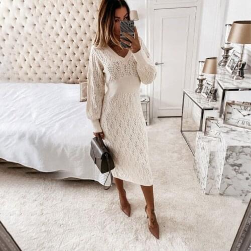 Hollow Knitted White Dress For Women 2021 Autumn Elastic Lantern Sleeve V-Neck High Waist Elegant Midi Party Dresses Fashion