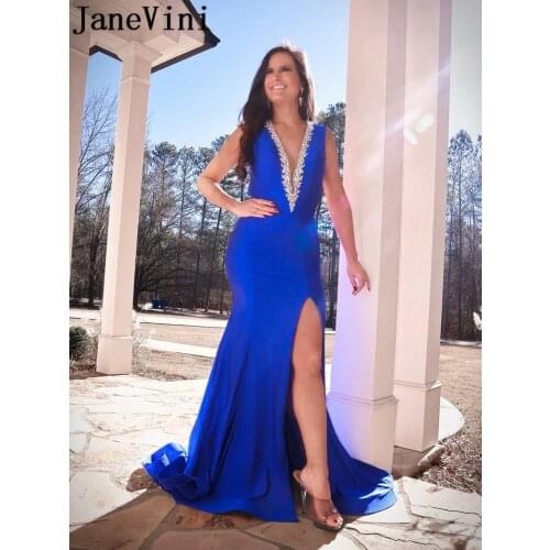 JaneVini Royal Blue Beaded V-Neckline Open Back Ladies Prom Dress Long vestito donna Mermaid Slit Evening Dresses Party Gown