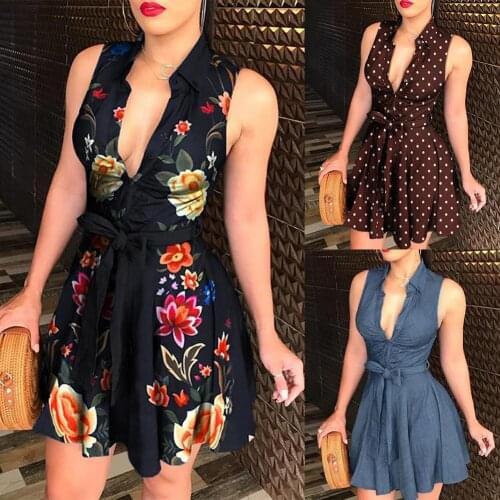 2020 Fashion Women Vintage V Neck Sleeveless Polka Dots Floral Print Belt Party Mini Dress Summer Beach Holiday Dresses