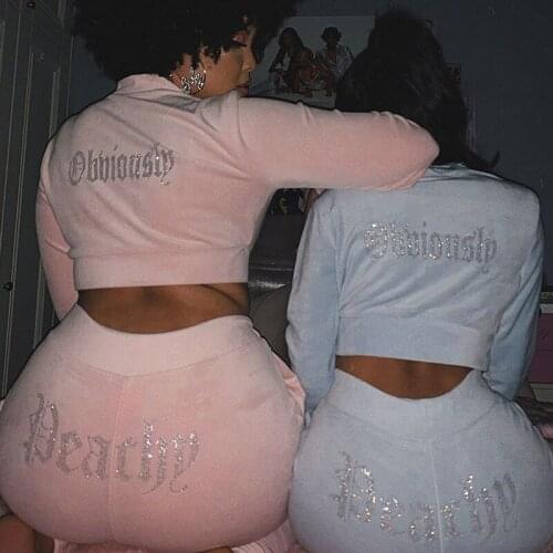 Winter Velvet Crop Jacket And Tracksuit Joggers Two Piece Set With Diamante Rhinestones Jogging Suits For Women New