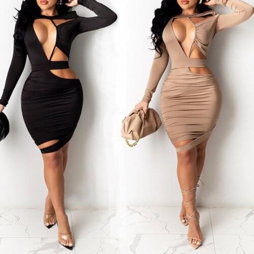 Za Hollow Out Patchwork Bodycon Dress Long Sleeve Backless Sexy Party Dresses 2021 Summer O-neck Solid Women Pencil Dress