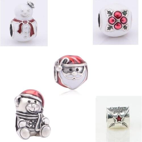 5 Designs Christmas Santa Red Enamel Snowman Bear Beads for Jewelry Making DIY Beads for Silver 925 Original Charms Bracelets