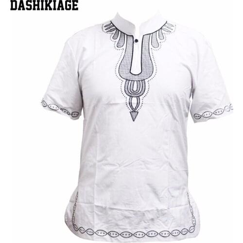 Dashikiage Unisex White Cotton Pan-African Embroidered Fashion Dashiki Shirt Traditional Nigerian Native Ankara Party T-shirt
