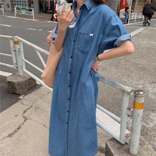 GOOHOJIO New 2020 Women Denim Dresses Summer Casual Vintage Single Breasted Turn-down Collar Pockets Loose Long Dress One Size