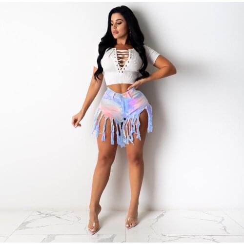 Girls legging 2020 new arrival camouflage high street fashion tassel patchwork skinny denim shorts high waist jeans pants