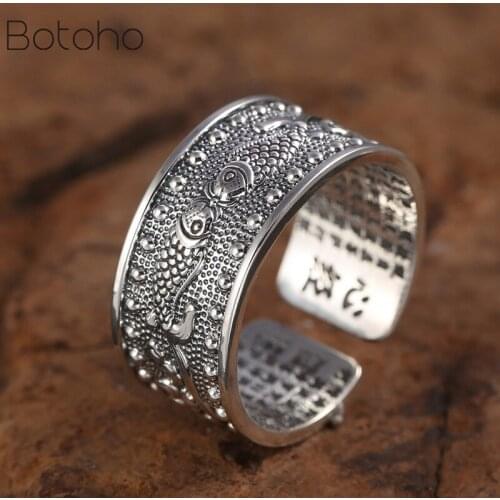 Real S999 pure silver Pisces Heart Sutra, adjustable man and woman rings Thai silver Vintage lettering scripture good luck ring