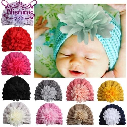 Nishine Children Knitting Hat Photography Accessories Girl Chiffon Flower India Cap Touca Infant Turban Hat