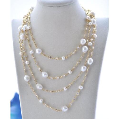 P7068 20"~70" 12mm Round White Edison Pearl Inlay CZ Chain Necklace