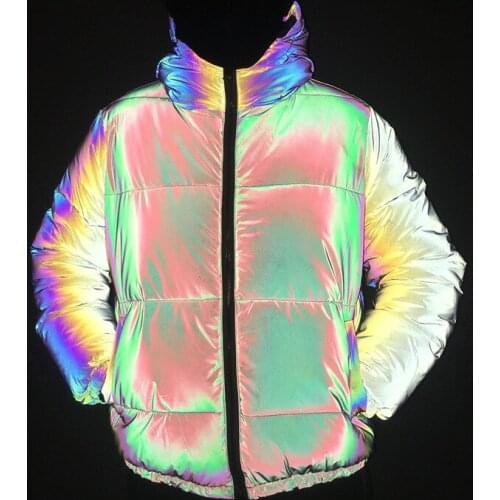 Parkas Pink Reflective Cotton Coat New Street Trend Colorful Laser Short Hooded Cotton Jacket Ladies Quilted Jacket