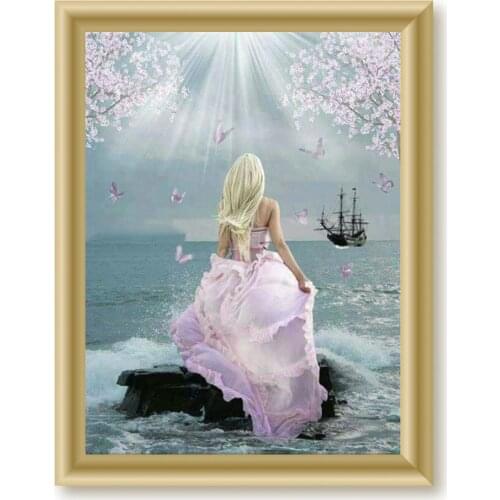 Full 5D Diy Daimond Paintings Cross-stitch "woman&sea" 3D Diamond Paintings Round Rhinestones Diamant Painting Embroidery people