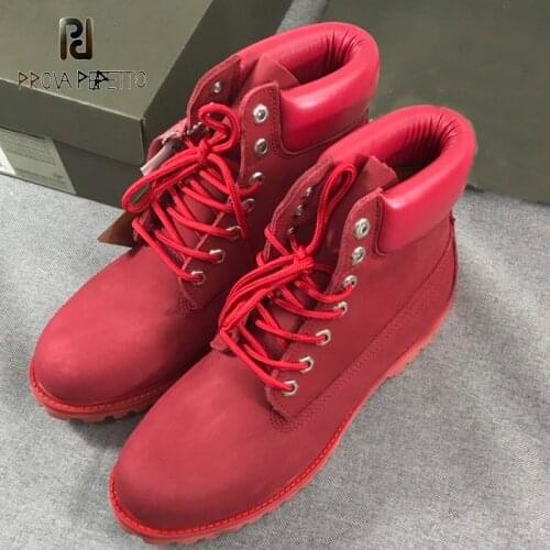 Prova Perfetto New Fashion Genuine Leather Red Ankle Boots Men Women Autumn Winter Lace Up Round Toe Square Heel Couple Boots