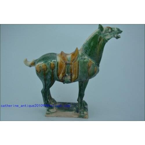 Collectable Tang Dynasty(618--907) Chinese Pottery *Horse Three Color *San Cai*,Sky shouts,green glaze,Free shipping