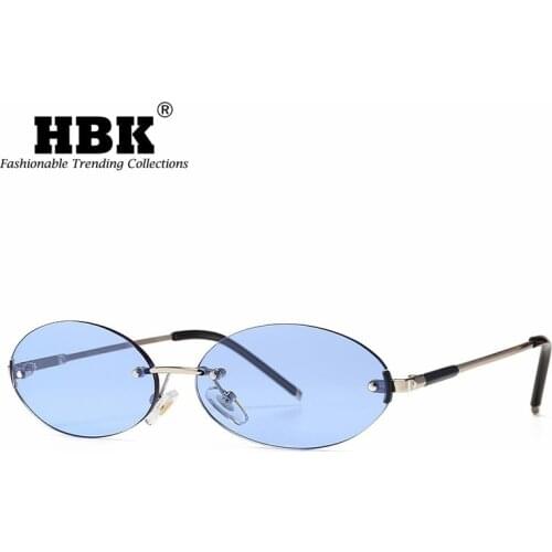 HBK Retro Oval Sunglasses Rimless Man Blue Lens Metal Frame Male Glasses Round Frameless Women High Quality Travel Gift UV400