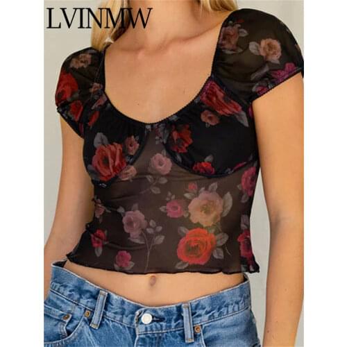 LVINMW Slim Flower Printed Backless V Neck Short Sleeve T Shirts Patchwork Skinny Fashion Retro Tops Women Mesh Crop Top Street
