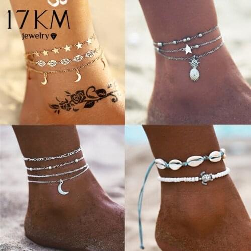 Vintage Gold Silver Color Multilayer Anklets For Women Bohemian Moon Map Beads Leaves Anklet Bracelet 2021 DIY Boho Jewelry