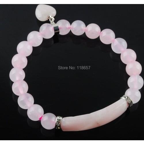 YOWOST Natural Rose Quartzs Stone Beads Strand Bracelets Heart Shape Silver-color Fitting Women Jewelry Love Gifts IK3341