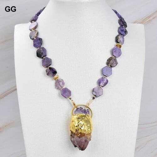 GuaiGuai Jewelry Natural Hexagon Purple Charoite Necklace Super Seven Amethyst Necklace 17"