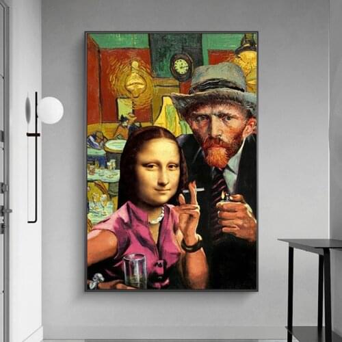 Funny Wall Art Mona Lisa and Van Gogh Smoking Canvas Paintings Art Posters and Prints Da Vinci Famous Paintings for Living Room