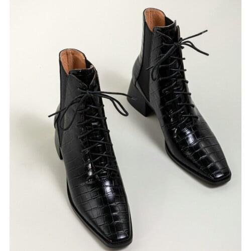 2021 New Genuine Leather Thick Heel Women Modern Boots Black Winter Ankle Boots Motorcycle Botas Pointed Toe Warm Women Shoes