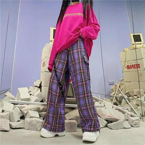 Harajuku Pants Purple Plaid Overalls Womens Loose High Waist Wide Leg Hip Hop Sweat Pant Punk Rock Streetwear Casual Trousers