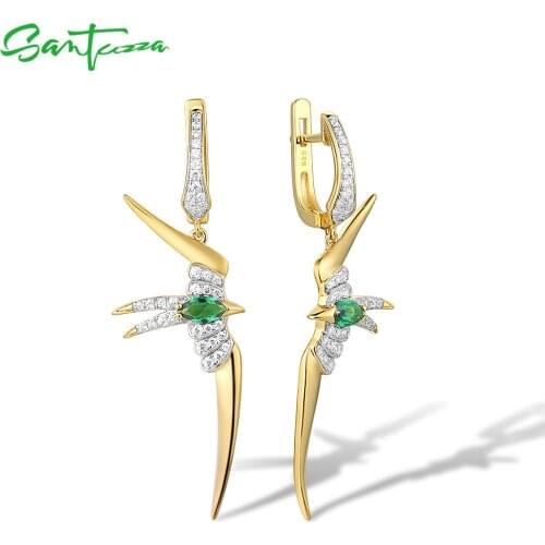 SANTUZZA Silver Earrings For Women 925 Sterling Silver Green Spinel White CZ Gold Color Earrings Swallow Fine Party Gift Jewelry