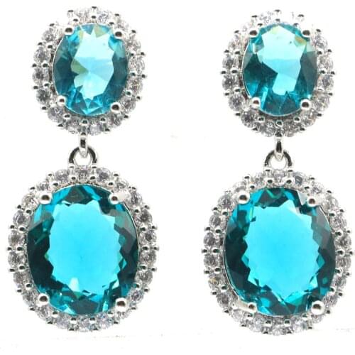 35x16mm SheCrown Anniversary Created Aquamarine Pink Kunzite Cubic Zircon For Women Silver Earrings