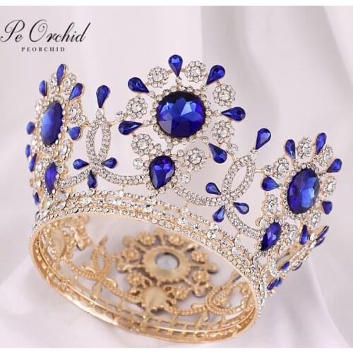 PEORCHID Designer Blue Wedding Tiaras And Crowns Diademe Princesse Diamond Women Birthday Crown Headband Bridal Hair Accessories