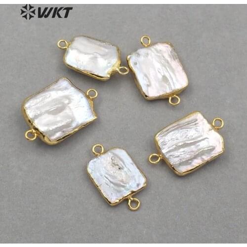 WT-JP129 Natural freshwater pearl With Double Hoops Connector Sea Shell Pendant For Women Bracelet Necklace Jewelry Making