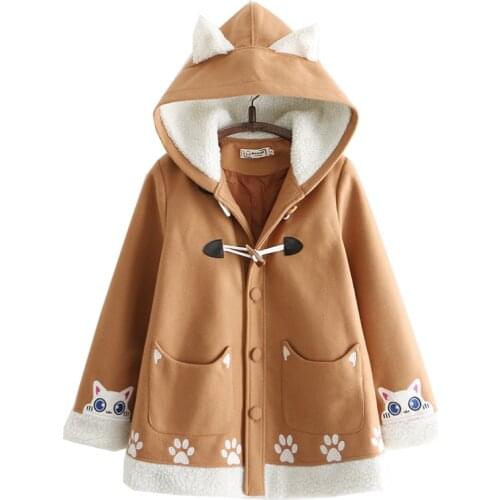 Womens Long Wool Blends 2021 Winter Hooded Coat Vintage Sweet Style Cartoon Embroidery Casual Ladies Warmness Vintage Outwear
