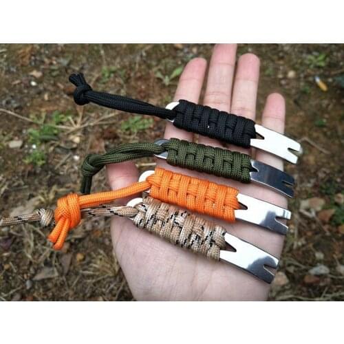 1PC Portable Mini Handmade Umbrella Rope Weaving Stainless Steel Crowbar EDC Tool Crank-shaped Scraper Nail Key Chain Pendant