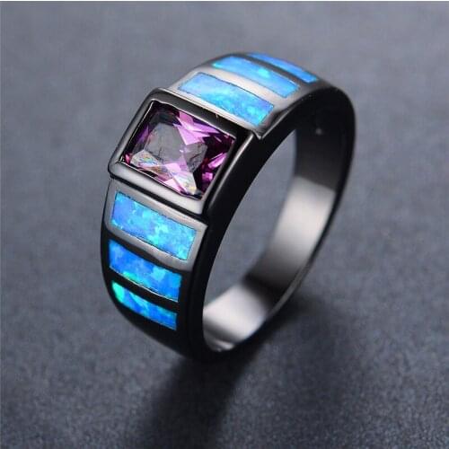 Elegant Female Blue Fire Opal Ring Fashion 14KT Black Gold Wedding Rings For Women Promise Purple Square Engagement Ring