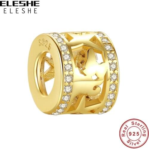 ELESHE Real 925 Sterling Silver With CZ Gold Color Sparkling World Travel Circle Bead Charm Fit Original Bracelet DIY Jewelry