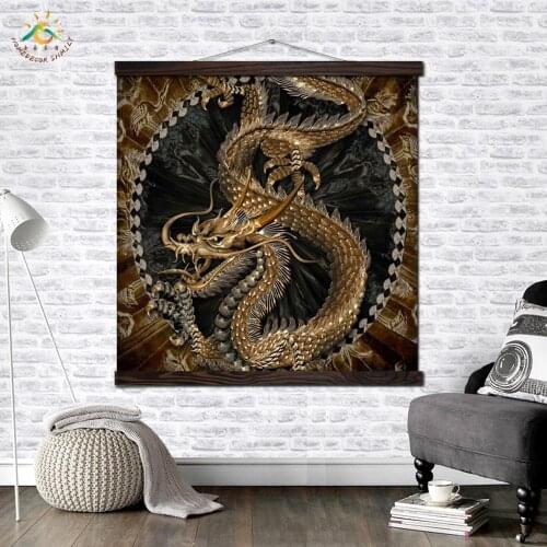 Golden Chinese Dragon Print Scroll Paintings Wall Art Printed Hanging Framed Canvas Painting Modern Home Decoration Poster