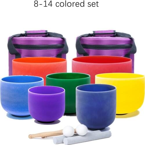 KVKA Colored Chakra Frosted Quartz Crystal Singing Bowl set of 7 pcs 8"-14" with free case