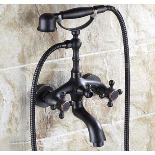 Black Oil Rubbed Brass Double Cross Handles Wall Mounted Claw Foot Bathroom Tub Faucet Mixer Tap With Handshower mtf701