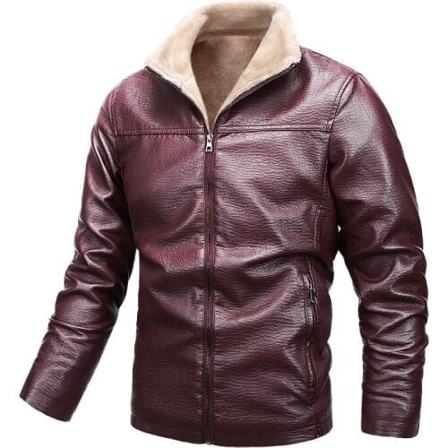 2021 Autumn and Winter New Mens Velvet Stand Collar Thick Leather Coat Youth Faux Cashmere Warm PU Leather Jacket