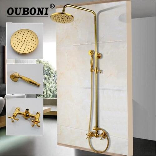 OUBONI Golden Plated Bathroom Shower Set Rainfall 8 inch Shower Head Bathtub Mixer Faucet Handheld Sparyer Brass Control Valve