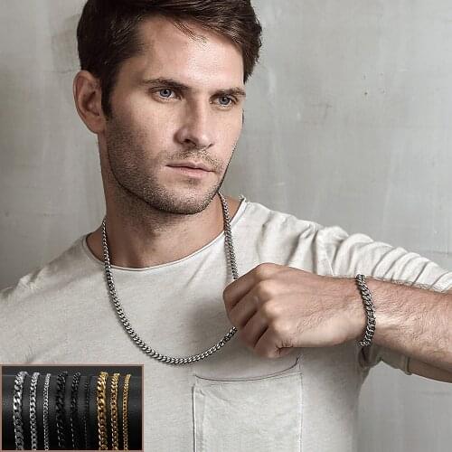 Curb Chain Necklaces For Women Men 18-60cm Black Gold Silver Color Stainless Steel 3 5 7 mm Cuban Classic Punk KN195KB214