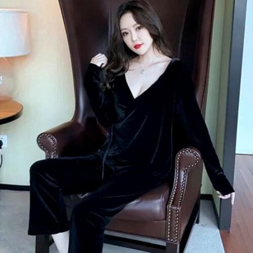 Sexy Gold Velvet Sleepwear New Ladies Home Clothes Fashion V Neck Cardigan Top + Trousers Pajamas Set 2021 Spring Pyjamas Women