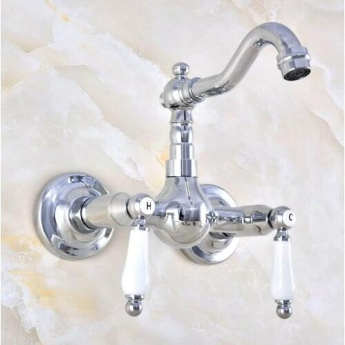 Polished Chrome Brass Wall Mounted Bathroom Kitchen Sink Faucet Swivel Spout Mixer Tap Dual Ceramics Handles Levers mnf573