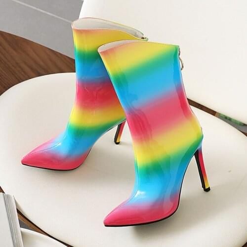 Plus Size 43 44 45 46 47 48 Sexy Super High Thin Heels Ankle Boots Women Winter Pointed Toe Rainbow Zipper Handmade Shoes Letter