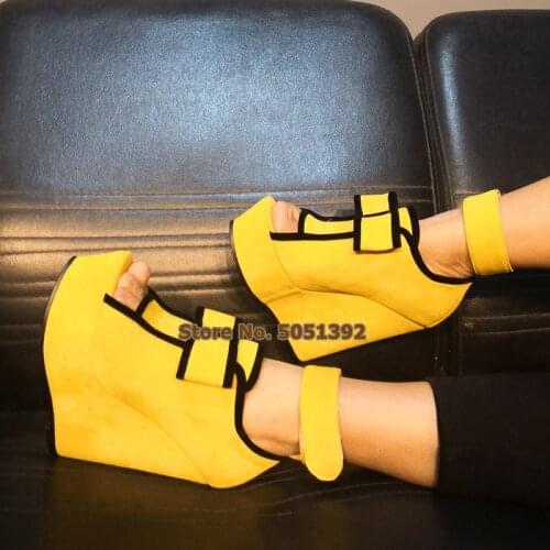 Yellow Platform Wedges Sandals High Heel Bow-knot Peep Toe Suede Nightclub Shoes Ankle Stick Strap Real Picture Sandals