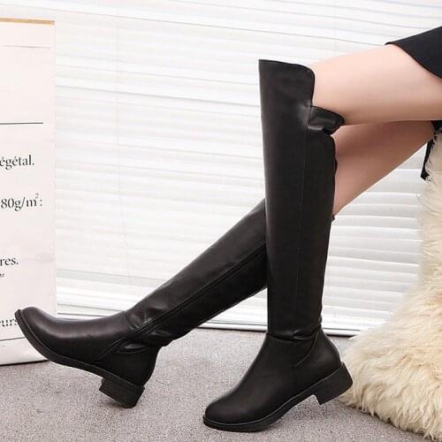 Leather Boots Women Winter Plush PU Rubber Boots for Women Warm Suede Knee High Boots Retouch Leg Female Boots Soft Winter Shoes