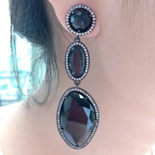 YYGEM Multi Shape Faceted Black Cats Eye Cz pave Gunmetal Stud Earrings hyperbole party for women