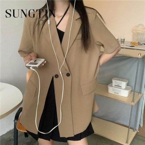 Sungtin 2021 Summer Split Korean Blazer Women Vintage Casual Loose Short Sleeve Blazer Jacket Design Fashion Solid Outwear Lady