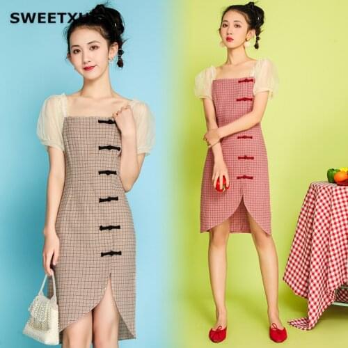 SWEETXUE French Elegant Fairy Dresses First Love Girl Retro Plaid Girl Improved Version Cheongsam Party Dress Ladies