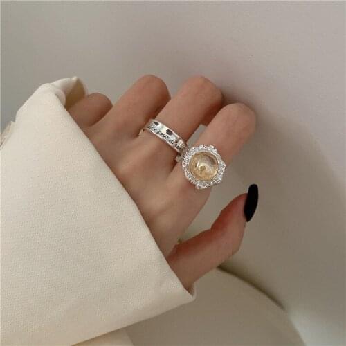 U-Magical Irregular Geometric Letter Print Yellow Crystal Rings for Women Metal Open Adjustable Index Finger Ring Jewellery