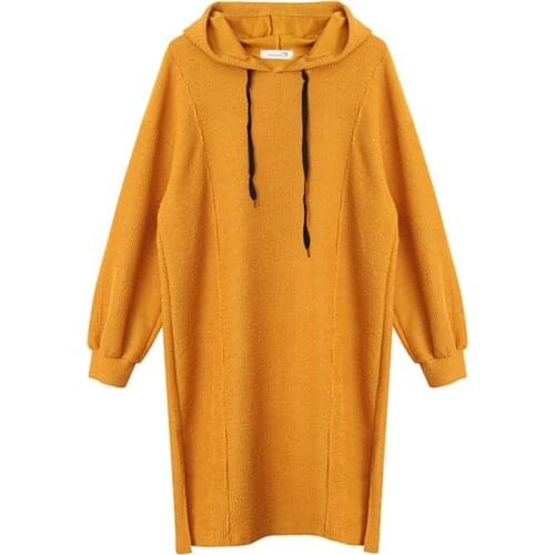PERHAPS U Hooded Casual Sweatshirt Dress Knee Length Loose Yellow Khaki Black Solid Autumn Long Sleeve D0790