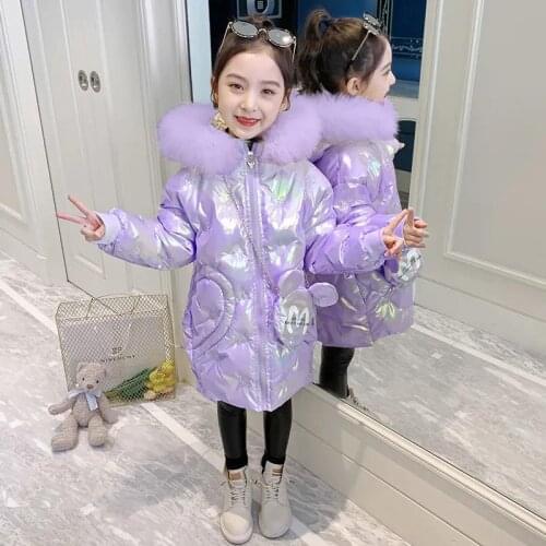 High Quality Girls Winter Jacket Children Cartoon Embroidery Coat Thicken Warm Parka Kids Fur Hooded Clothing Outerwear with Bag
