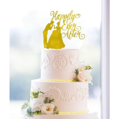 " Happily Ever After " Mirror Gold Wedding Cake Topper Personalized Bride and Groom Cake Toppers for Wedding Decoration